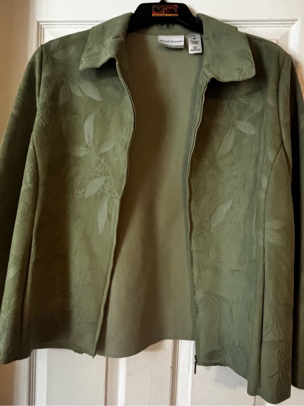 Alfred Dunner Olive Green Embossed Zip-Front Jean Jacket